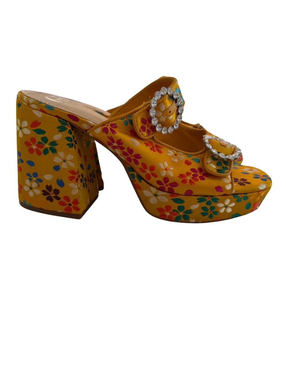 Gianni Bini Ulti-Mate Floral Rhinestone Platform Heels 9.5 Retro 70s Yellow